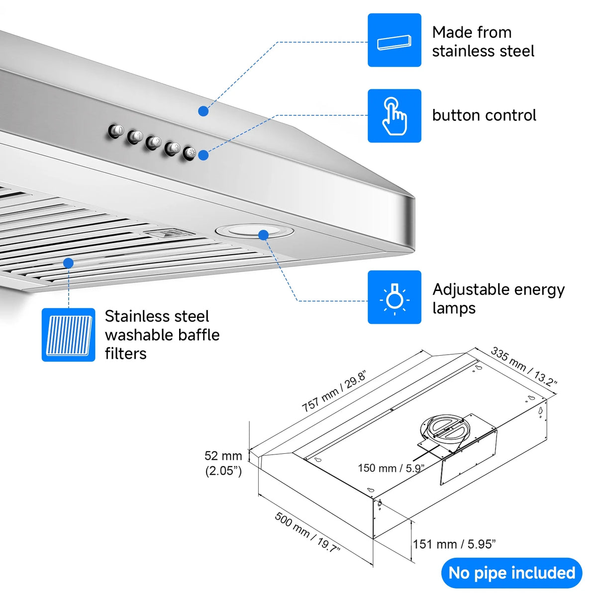 Sunmaki 30 inch Under Cabinet Range Hood with 3 Speed Exhaust Fan, 750CFM Fan Kitchen Stove Vent, Push Button