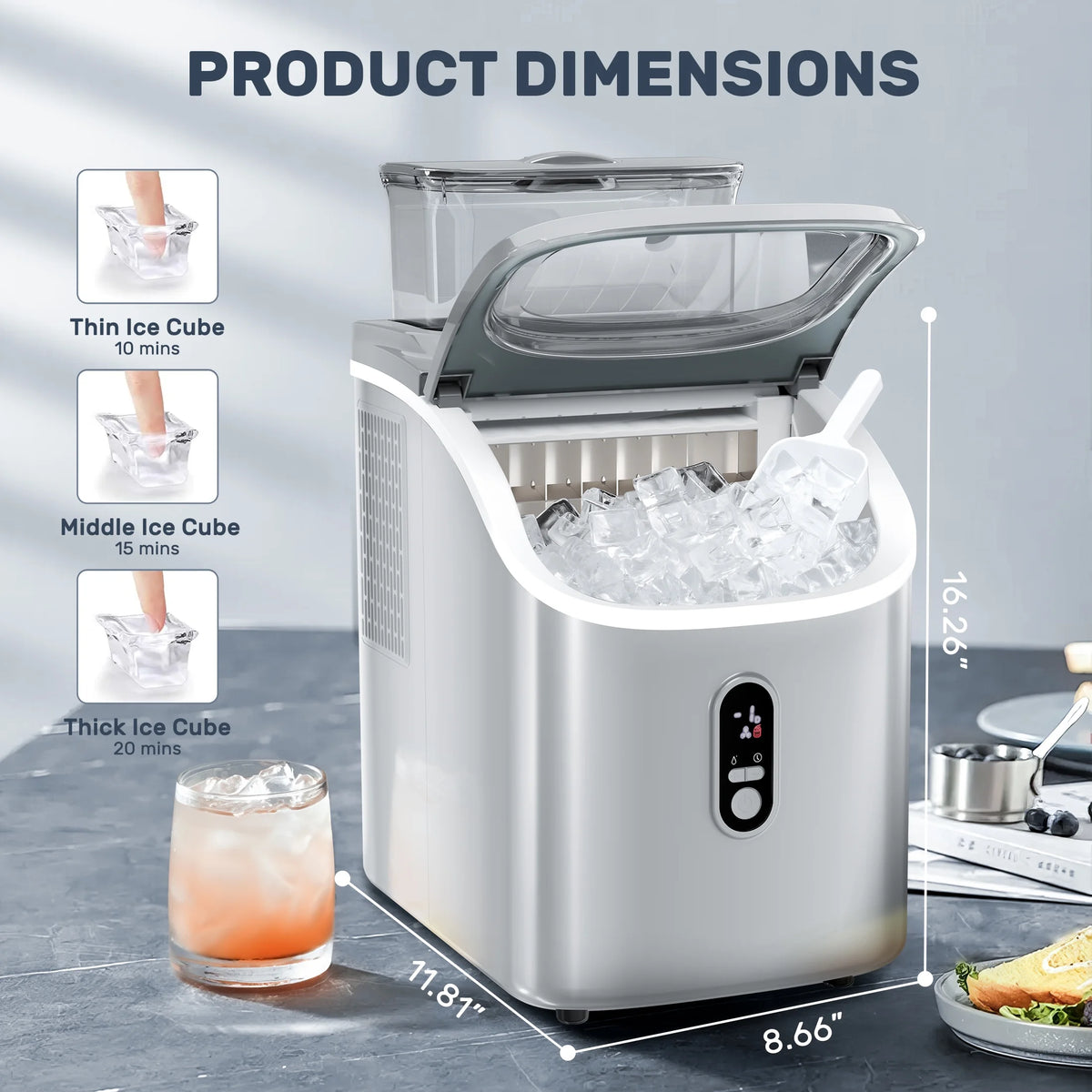 Auseo 45lbs/24H Ice Maker Countertop, 1.5+0.5L Large Water Tank, Cube Ice, Self-Cleaning, 24H Timer, Customizable Ice Making Time, Black