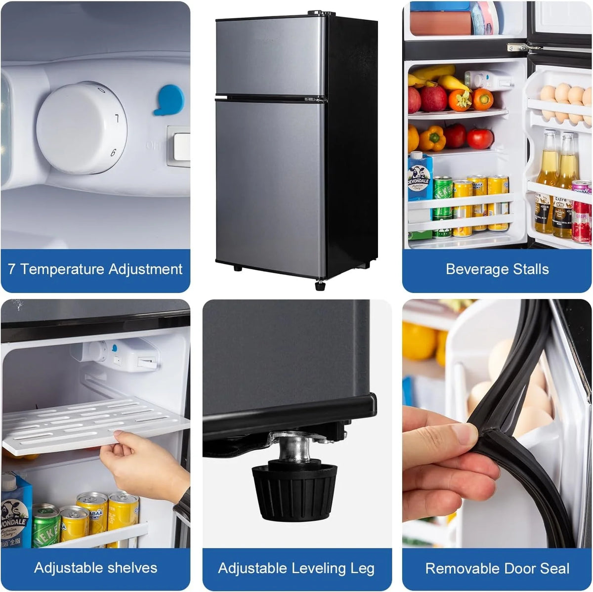 Kcpolre Mini Fridge with Freezer, 2.5 Cu.ft Small Fridge, Low Noise,7 Adjustable Thermostat, Double Door Small Refrigerator for Dorm, Bedroom, Office, Blue