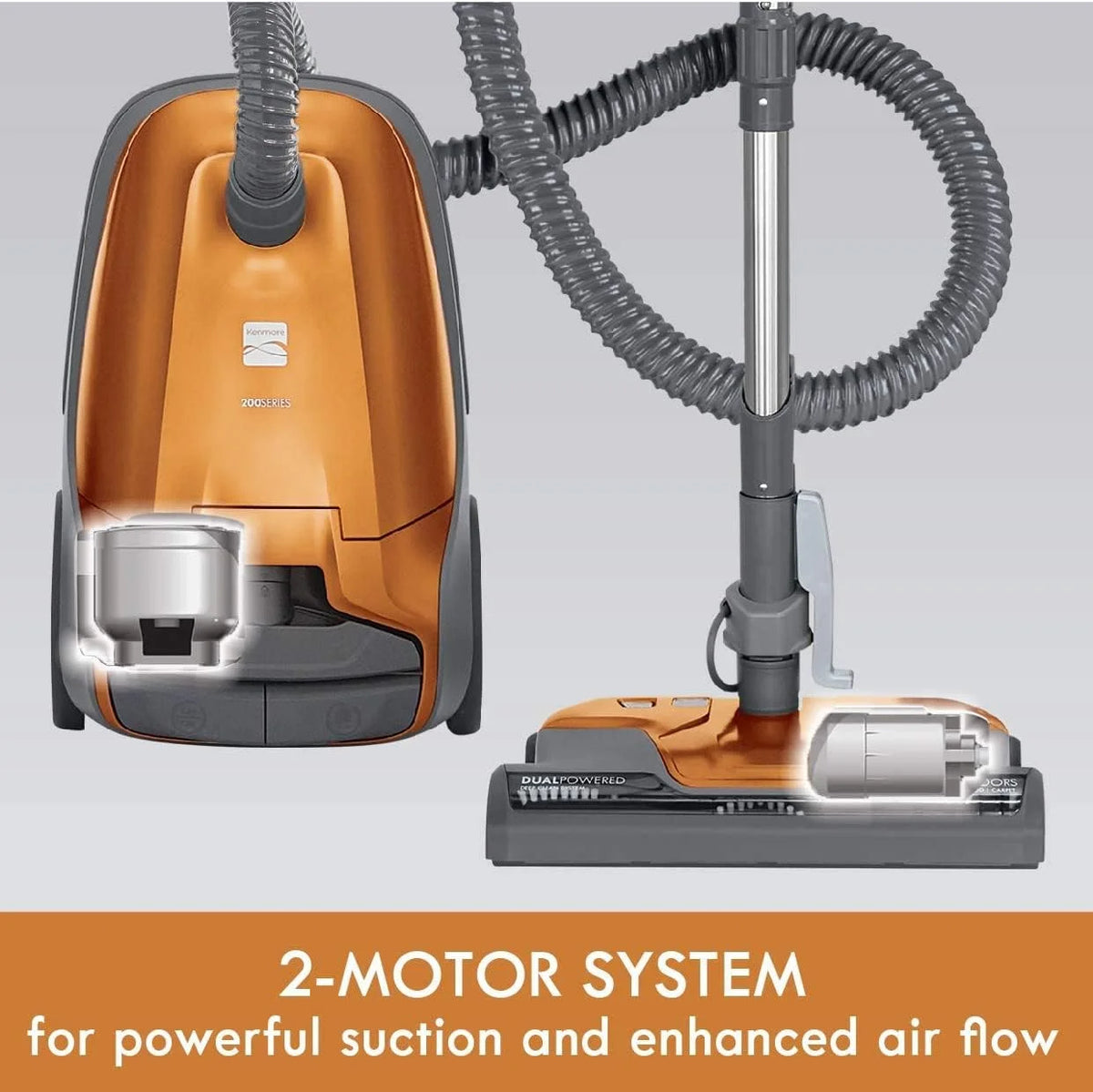 Kenmore 81214 200 Series Pet Friendly Lightweight Bagged Canister Vacuum with HEPA, 2 Motor System, and 3 Cleaning Tools-Orange