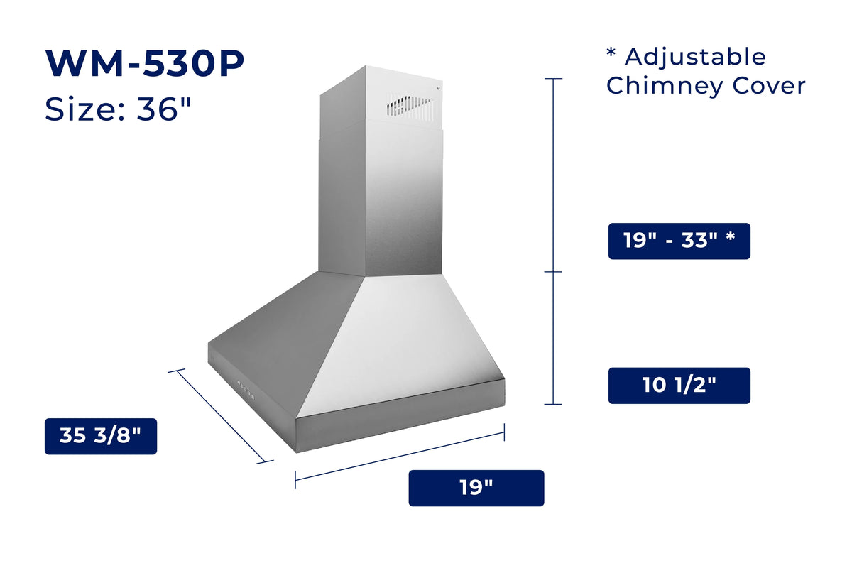 Hauslane Chef Series PRO Model WM-530 36" Wall Mount Chimney Range Hood 120 Volts Ducted or Ductless in Stainless Steel