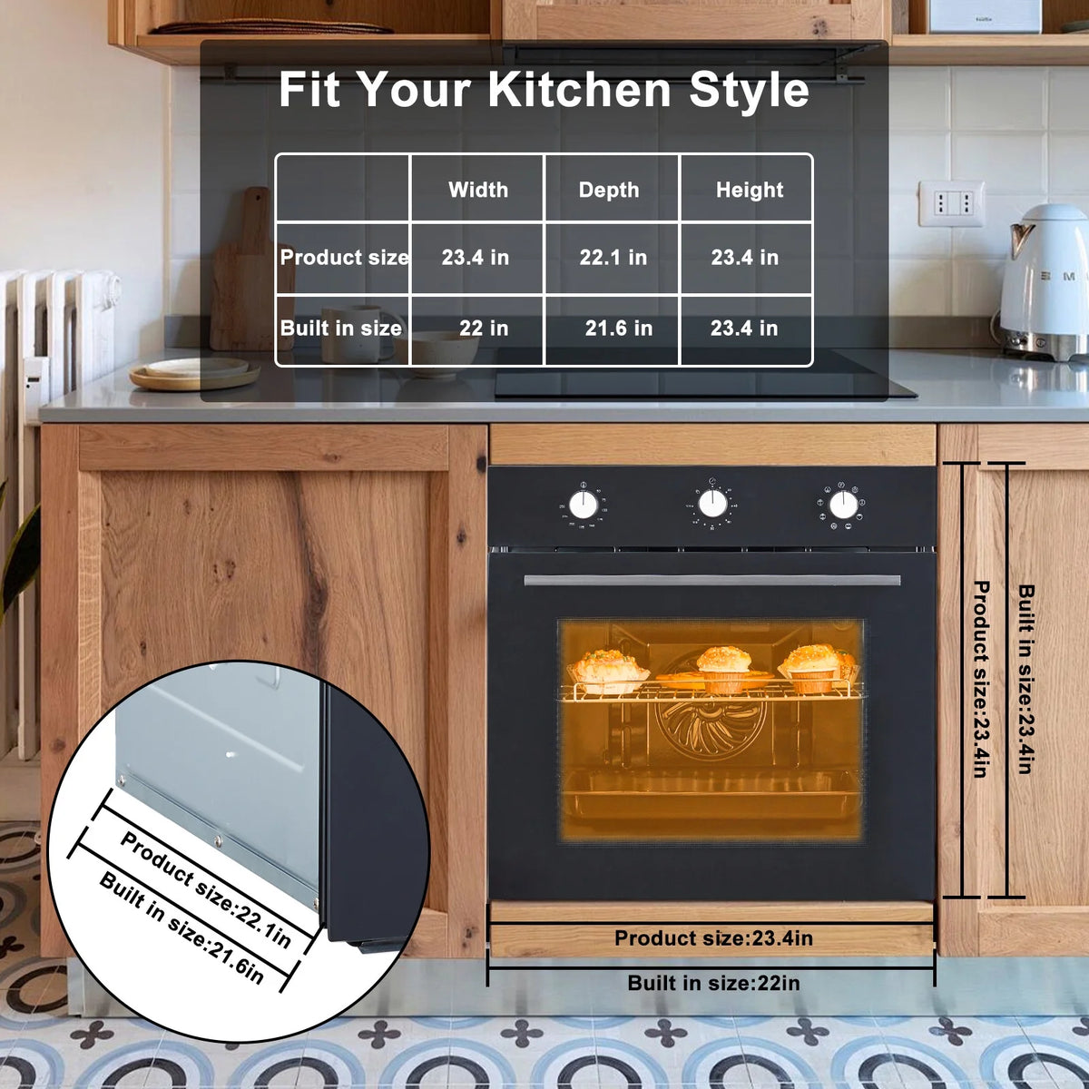 Garvee 24" Single Wall Oven, 2.5 Cu.ft Electric Wall Oven with Mechanical Knobs, Convection Wall Oven in Stainless Steel, 3000W, 240V, Black