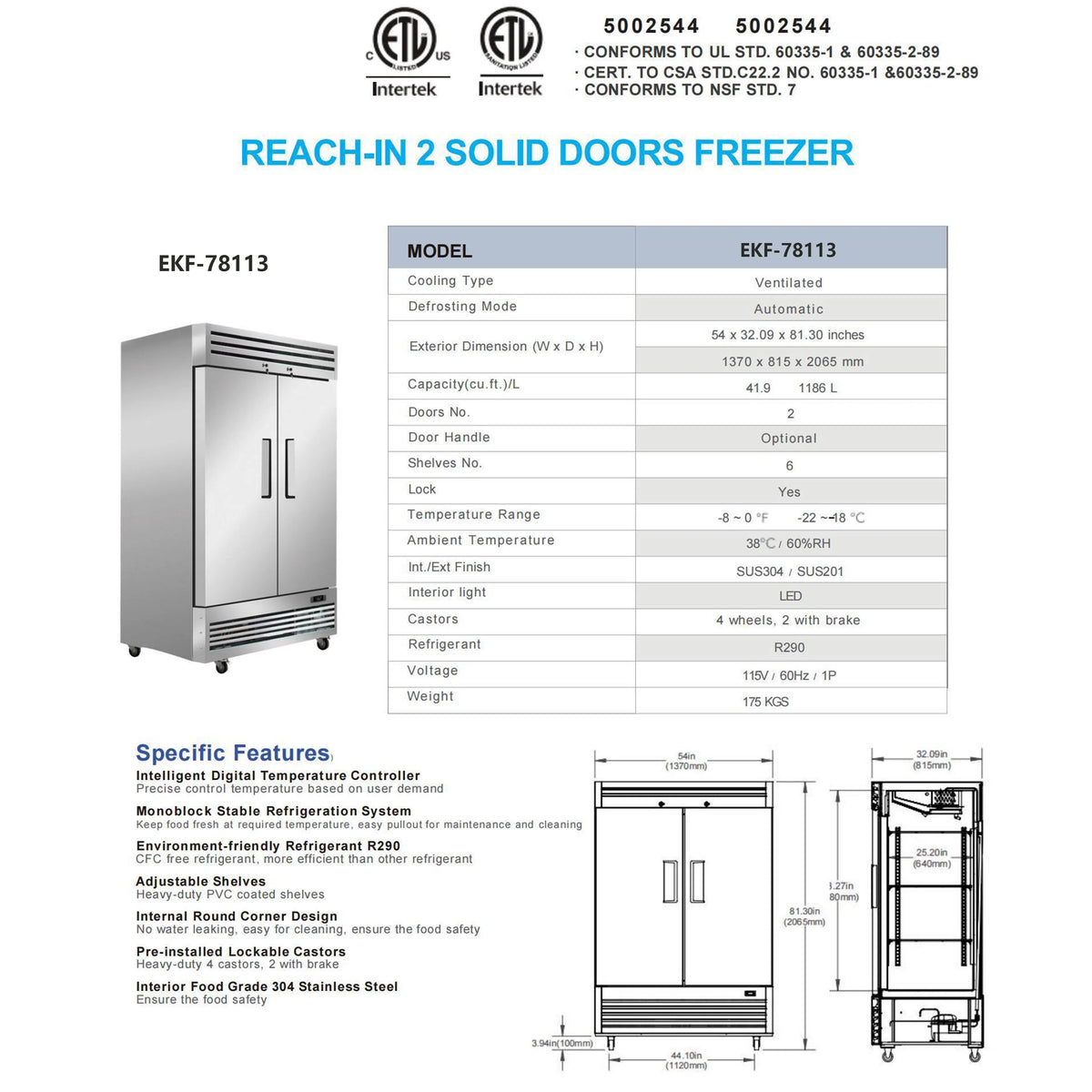 54 in. with 42 Cu.ft. Auto Defrost Freezer, Commercial 2 Door Reach in Upright Freezer in Stainless Steel, NSF