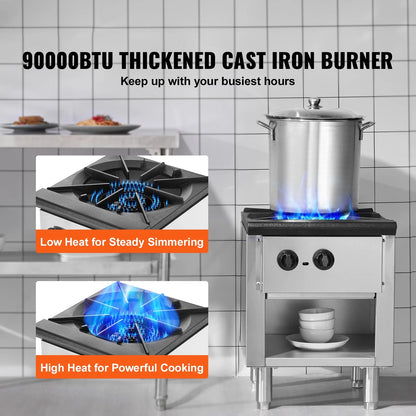 KFFKFF Gas Range for Commercial Kitchens, Dual Fuel Support with Propane & Natural Gas, Stainless Steel Countertop Burner, 90,000 BTU, Includes Storage Cabinet, Ideal for Restaurants