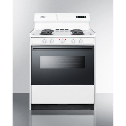 30" wide electric coil top range in white with black door, oven window, and high backguard