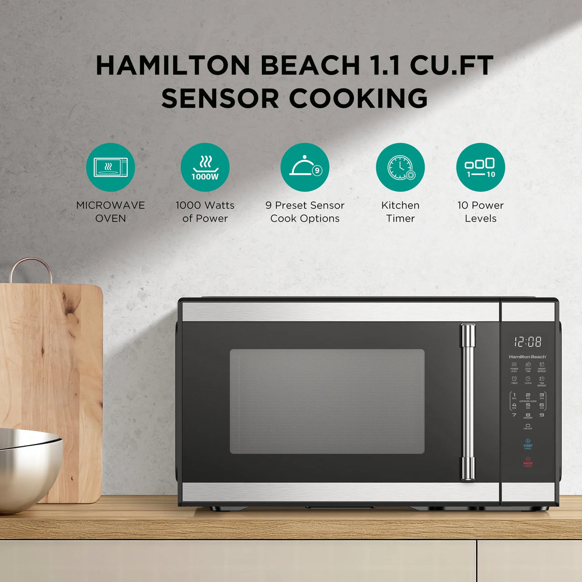 Hamilton Beach 1.1 cu ft Countertop Microwave Oven, Black and Stainless Steel