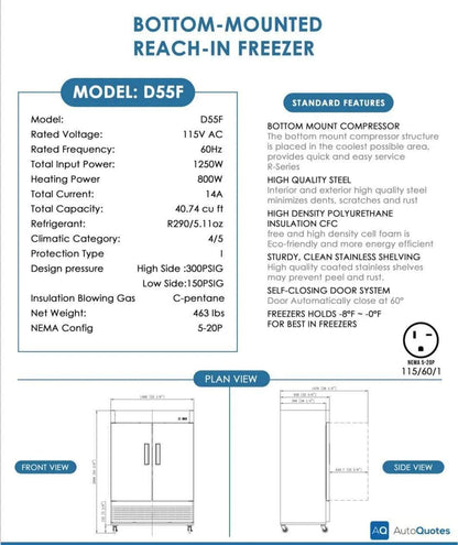 D55F 2-Door Commercial Freezer in Stainless Steel