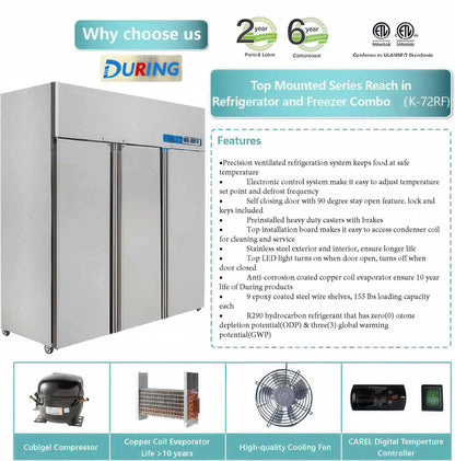 DURING 72" Commercial Refrigerator Freezer Combo, 3-Door Solid Door Reach-In, 54 Cu.ft Upright Fridge Freezer