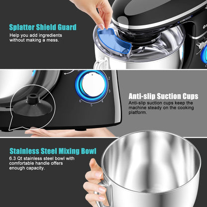 Costway 6.3 QT Tilt-Head Food Stand Mixer 6 Speed 660W wIth Dough Hook, Whisk & Beater Black