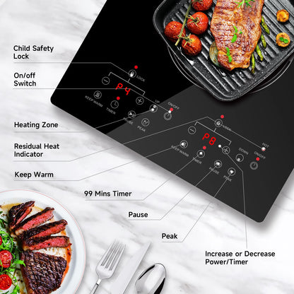 SizzleCook 2 Burner Electric Cooktop 110V Plug In, Countertop & Built-in Ceramic Stove Top, 12 inch Portable Infrared Double Burner Electric Stovetop with Outlet Plug, Child Safety Lock?