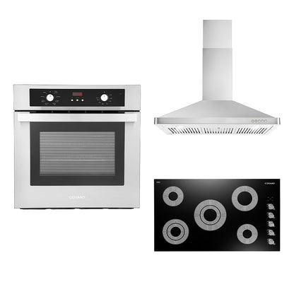 Cosmo 3 Piece Kitchen Appliance Package With 36" Electric Cooktop 36" Wall Mount Range Hood 24" Single Electric Wall Oven Kitchen Appliance Bundles
