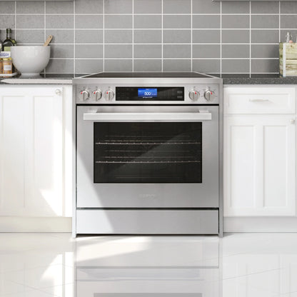 Cosmo 5 Piece Kitchen Appliance Packages with 30" Freestanding Electric Range 30" Island Range Hood 24" Built-in Fully Integrated Dishwasher French Door Refrigerator & 48 Bottle Wine Refrigerator