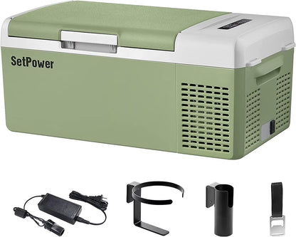 Setpower FC15 12V Portable Refrigerator with AC Adapter, 15.8 Quart Car Freezer Fridge for Camping, Fast Cooling, -4a??-68a??, 3-Year Warranty, Car, RV, Truck, Home and Outdoor Use, DC & AC, Green