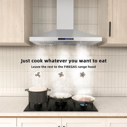 FIREGAS Range Hood 30 Inch, Stainless Steel Wall Mount Kitchen Hood with 3 Speed Exhaust Fan, Ducted/Ductless Convertible, Touch Control, Stove Vent Hood with 5-Layer Aluminium and Charcoal Filters