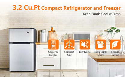 Yesurprise 3.2 Cu. Ft Mini Fridge with Freezer Small Refrigerators Double Door Stainless Steel 5 Thermostat Compact Internal Freezer with Crisper Drawer 90L