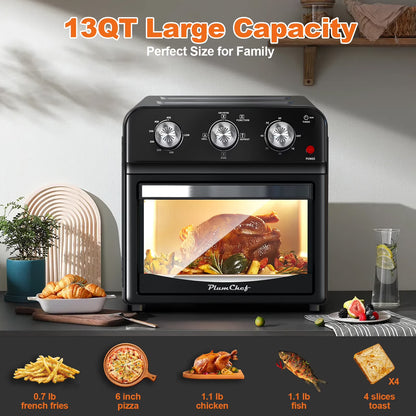 PlumChef 13 Quart 4 Slices Air Fryer Convection Toaster Oven, 1500W, 7 in 1 Multifunction with Roast, Bake, Grill, Broil, Toast, Dehydrate, Defrost, Stainless Steel