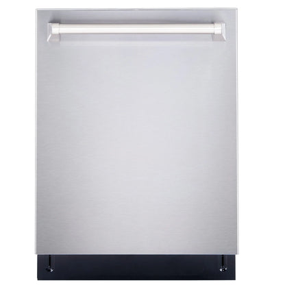 Cosmo 4 Piece Kitchen Appliance Packages with 36" Freestanding 220/240V Dual Fuel Range 36" Island Range Hood 24" Built-in Integrated Dishwasher & French Door Refrigerator Kitchen Appliance Bundles