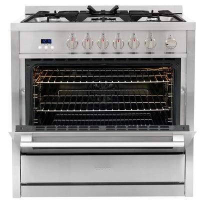 Cosmo 4 Piece Kitchen Appliance Packages with 36" Freestanding 220/240V Dual Fuel Range 36" Under Cabinet Mount Range Hood 24" Built-in Dishwasher & French Door Refrigerator Kitchen Appliance Bundles