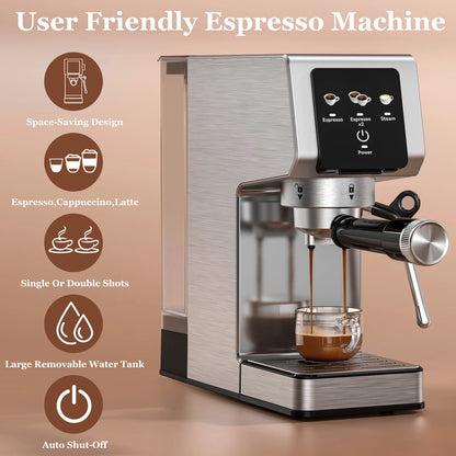 Espresso Machine 20 Bar, Rapid Cold Brew, Stainless Steel Coffee Machine with 40oz Removable Water Tank for Cappuccino, Latte, Silver