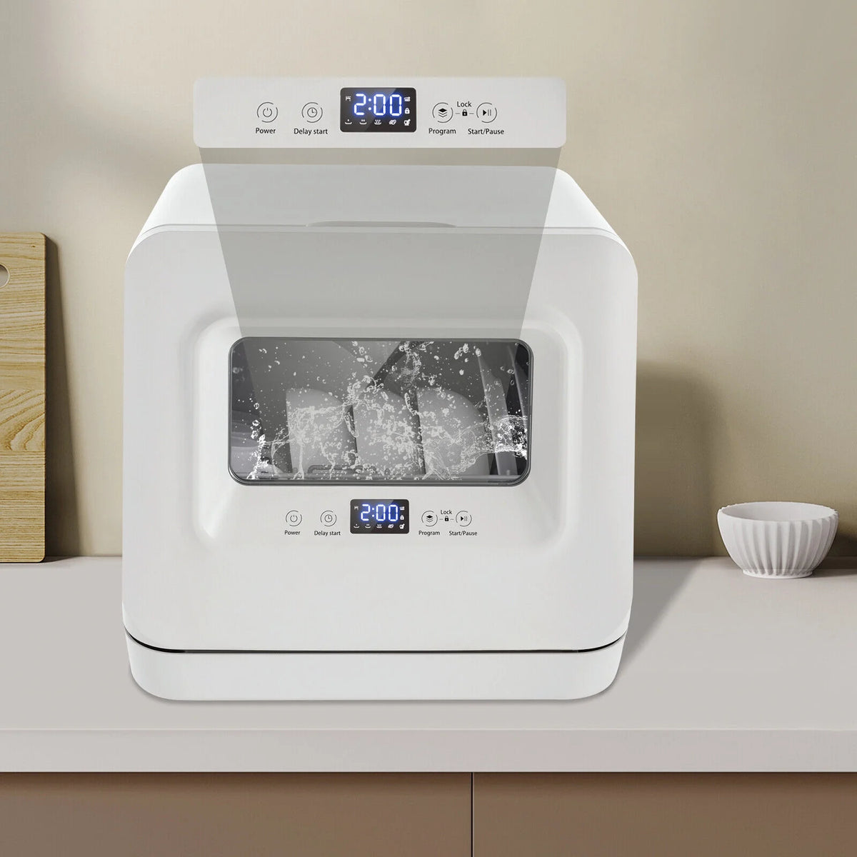 Modern Rectangular Portable Compact Countertop Mini Dishwasher with Water Tank Leak-Proof Air Dry White 120V 785W 17.32*16.25*16.69in for Apartments, Snack Bars, Dorms
