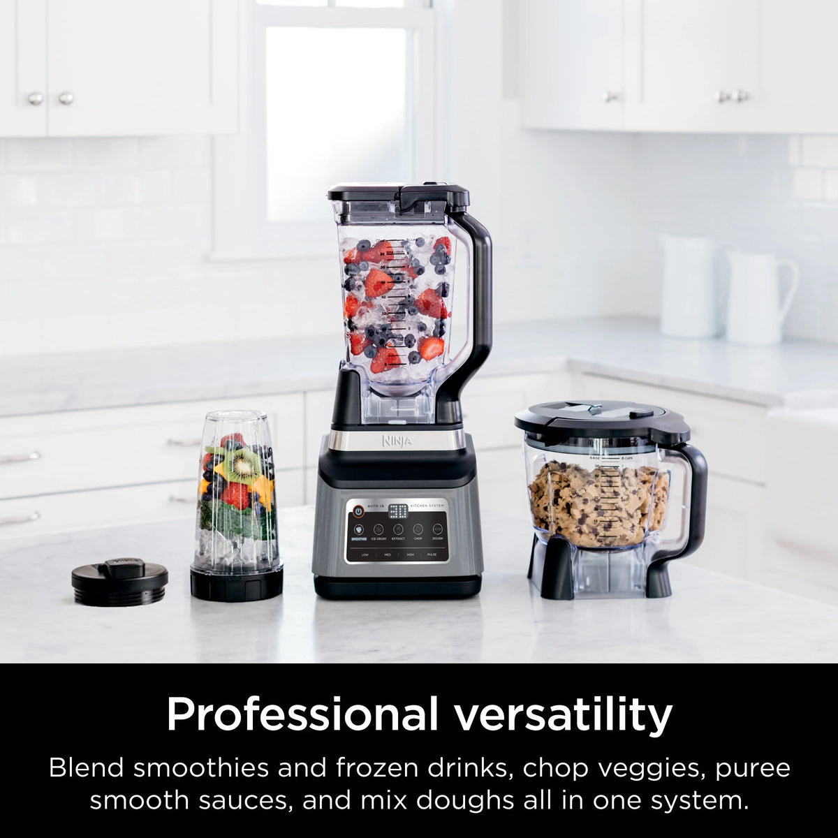 Ninja Professional Plus Kitchen System, 1400 Watts, 5 Presets for Smoothies, Chopping, Dough with Auto IQ, 72-oz.* Blender Pitcher, 64-oz. Processor Bowl, 24-oz. To-Go Cups, Black, BN800