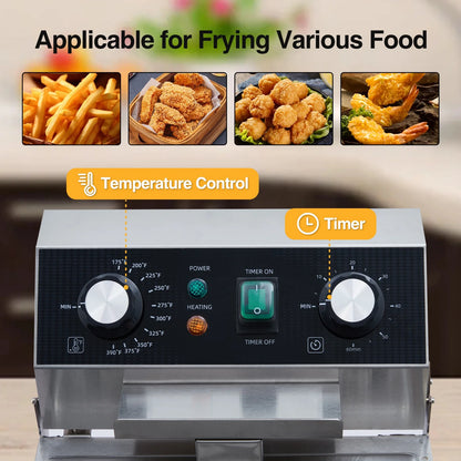 Electric Deep Fryer,Tank Stainless Steel Deep Fryer, Temperature Control, Countertop Fryer for Home Kitchen and Restaurant, 110V