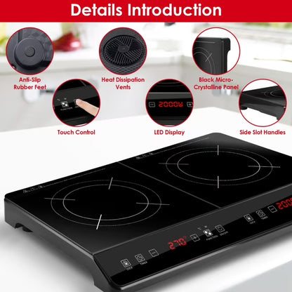 Dual Burner Induction Cooktop, 9 Power/Temperature Levels with Smart Timer, Safety Lock for Simmer/Fry/Boil