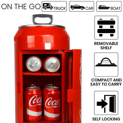 Coca-Cola 8 Can Portable Mini Fridge w/ 12V DC and 110V AC Cords, 5.4L (5.7 qt) Can Shaped Personal Cooler, Red, Travel Fridge for Drinks, Snacks, Lunch, Home, Office, Dorm Room, RV