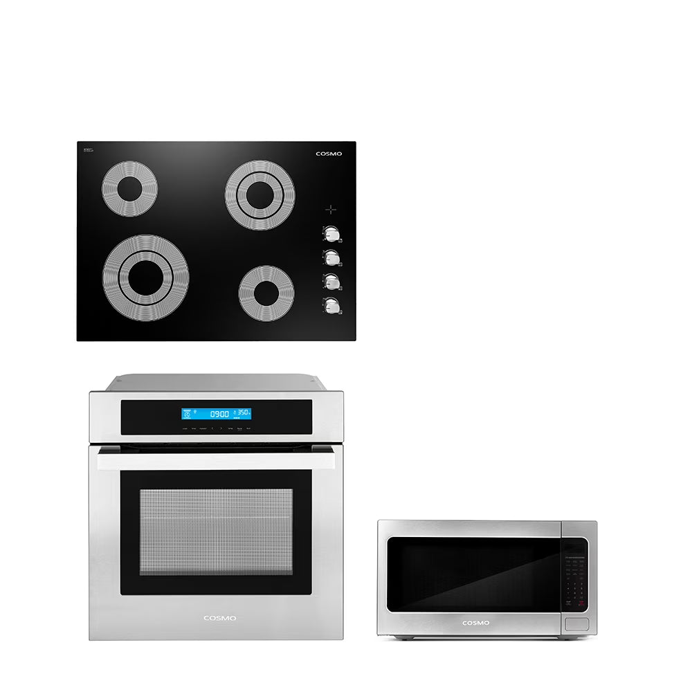 Cosmo 3 Piece Kitchen Appliance Package With 30" Electric Cooktop 24.4" Built-in Countertop Microwave 24" Single Electric Wall Oven Kitchen Appliance Bundles
