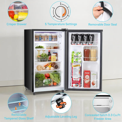 Upgraded Mini Fridge with Freezer, Compact Single Door, 3.2 Cu.Ft , Adjustable Thermostat, Low Noise, Perfect for Bedroom, Dorm, Office, 17.5" D x 17.7" W x 31.5" H, Black