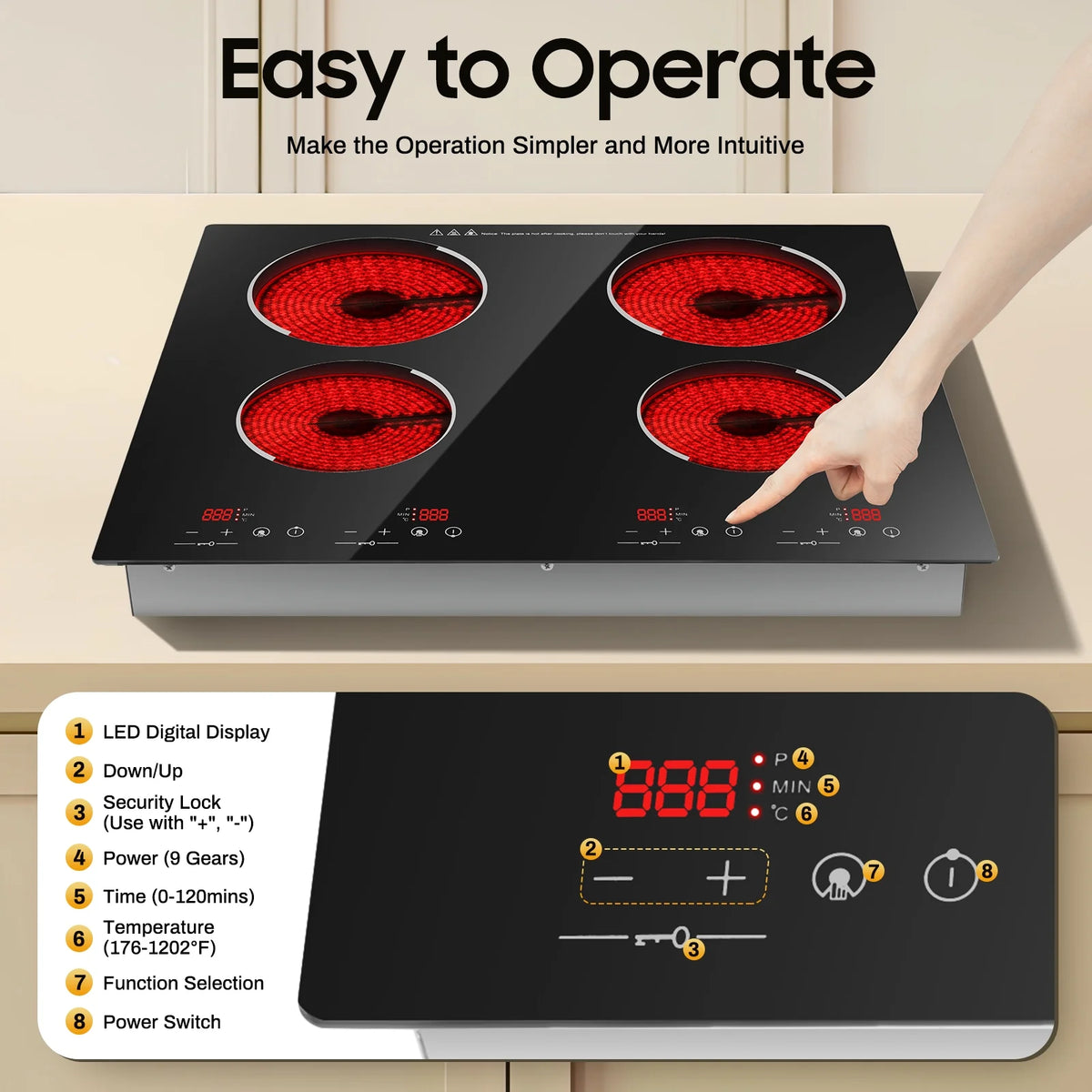 Peakora Electric Cooktop, Built-in Cooktop 3000W, Electric Stove Top with 4 Electric Burners, 9 Heating Level, Kid Safety Lock, Sensor Touch Control, 110V