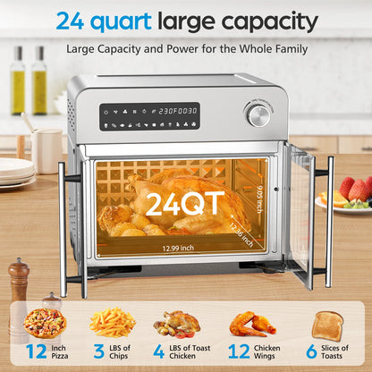 OSTBA French Door Air Fryer Toaster Oven Combo, Airfryer Convection Oven Countertop 10-in-1 Combo, 30% Faster 90% Less Oil, 102 Recipes & 7 Accessories Included 24 QT Stainless Steel