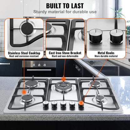 BENTISM Gas Cooktop Stove Top 30 inch Max 12250BTU 5 Burners Built-in LPG/NG Convertible