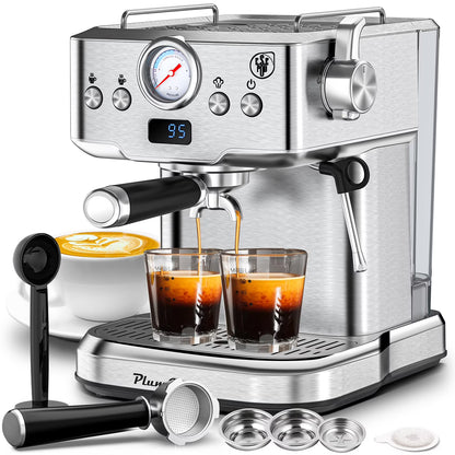 Plum Chef Espresso Machine 20 Bar Maker Coffee Machine 1.8L Water Tank, Stainless Steel, Silver