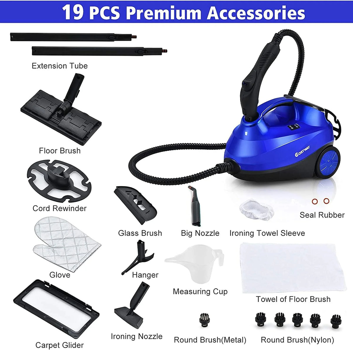 ARLIME Steam Cleaner, Heavy Duty Household Steamer w/ 19 Accessories, 1.5L Tank & 13ft Power Cord, Multipurpose Chemical-Free Household Steam Cleaner for Home, Carpet, Upholstery, Cars, Floors, Blue