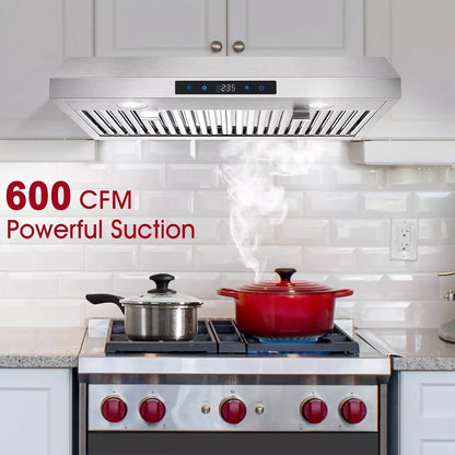 Under Cabinet Range Hood 30 inch Stainless Steel Kitchen Hood 600 CFM Stove Filter Touch Control LED Lights