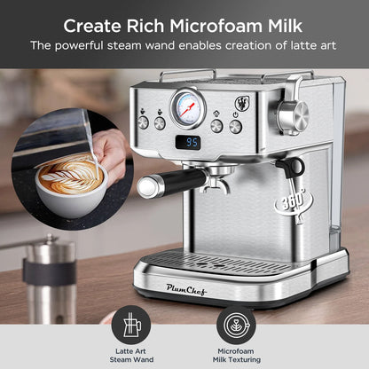 Plum Chef Espresso Machine 20 Bar Maker Coffee Machine 1.8L Water Tank, Stainless Steel, Silver