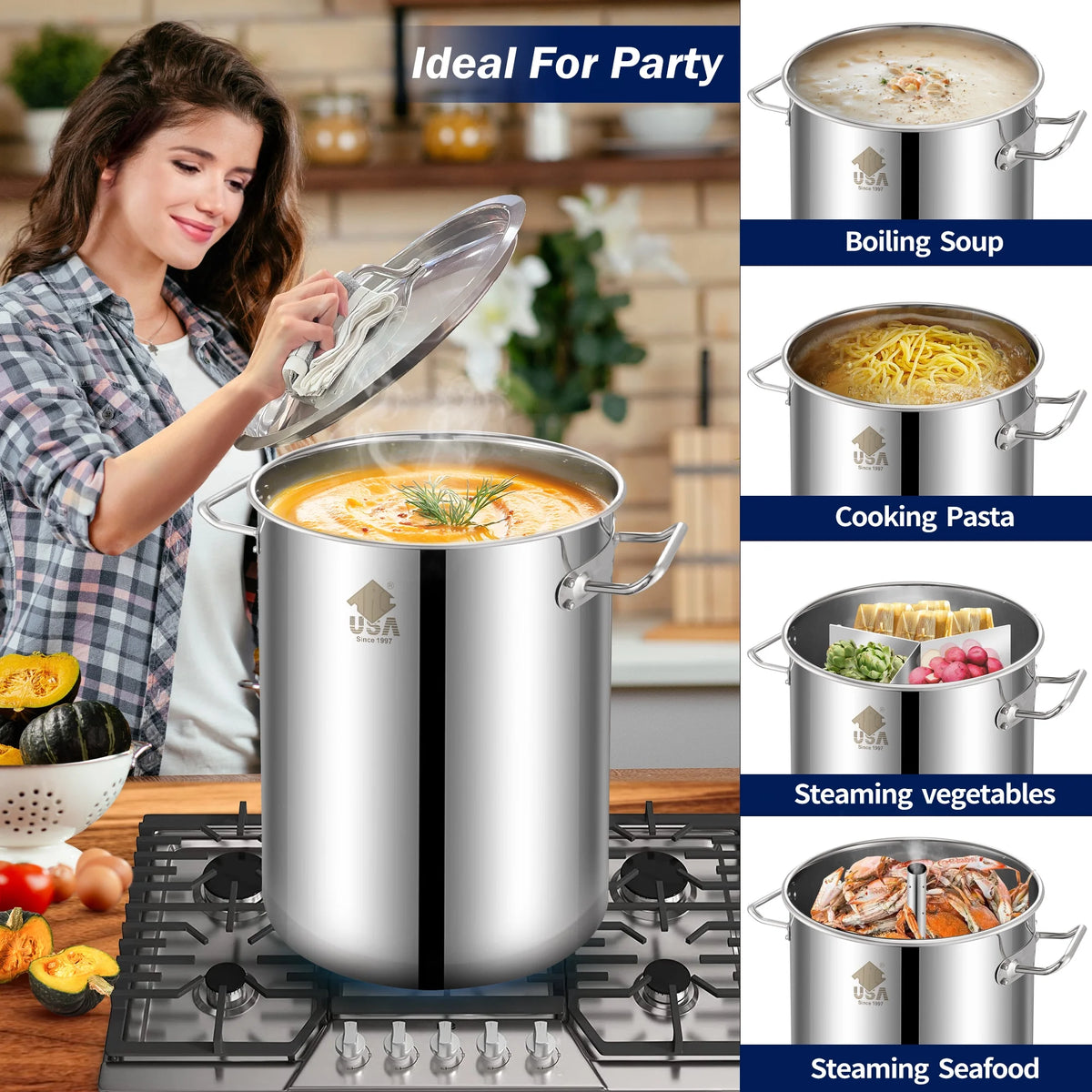 32QT Stainless Steel Seafood Boil Pot with 200,000BTU Single Burner Propane Stove, Heavy Duty Propane Burner For Outdoor Cooking Turkey Fryer, Crawfish Boil, Homebrewing