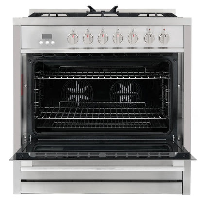 Cosmo 4 Piece Kitchen Appliance Packages with 36" Freestanding 220/240V Dual Fuel Range 36" Island Range Hood 24" Built-in Integrated Dishwasher & French Door Refrigerator Kitchen Appliance Bundles