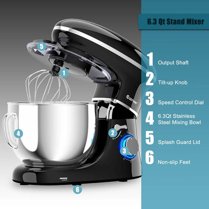 Costway 6.3 QT Tilt-Head Food Stand Mixer 6 Speed 660W wIth Dough Hook, Whisk & Beater Black