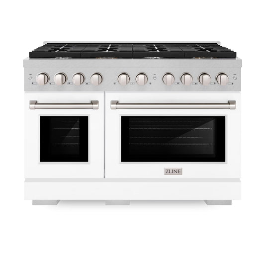 ZLINE 48 in. 6.7 cu. ft. Paramount Double Oven Gas Range with 8 Burner Cooktop in DuraSnow Stainless Steel with White Matte Doors (SGRS-WM-48)