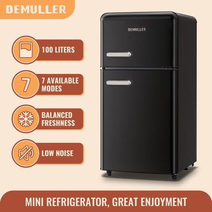 DEMULLER Mini Fridge with Freezer Small Refrigerator Double Door Drinks Holder for Office Black New