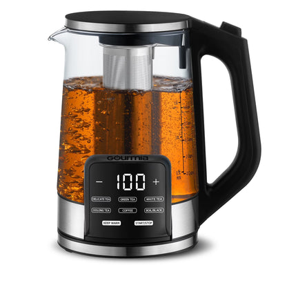 Gourmia 1.7L Programable Glass Kettle with Touch Display, Infuser, Black
