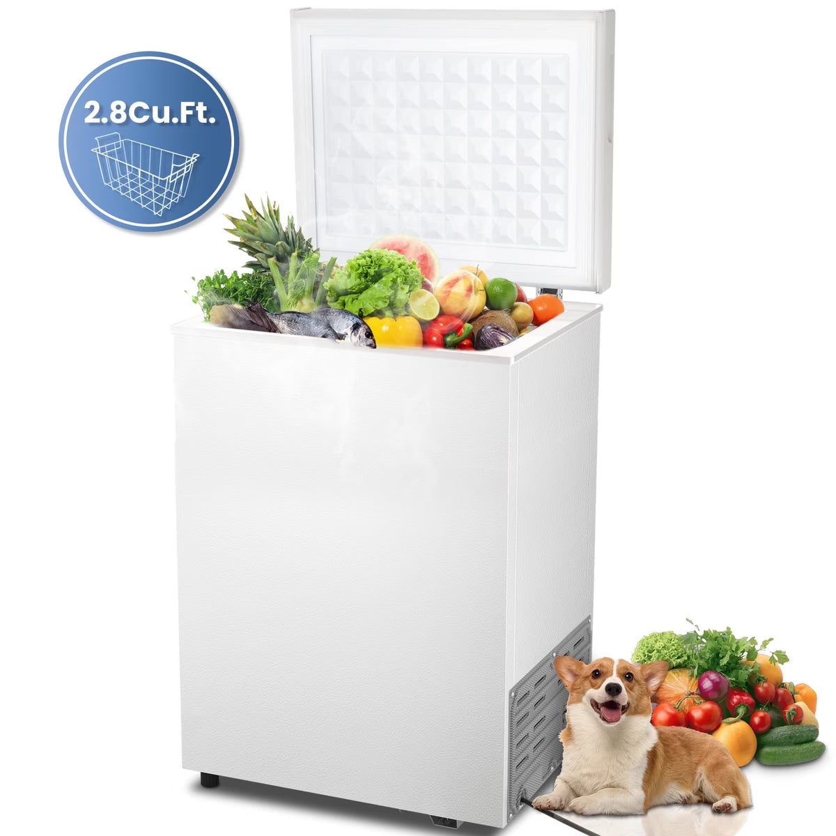 KNDKO 2.8cu.ft Chest Freezer, Freestanding Top Open Door Compact Freezer with Removable Basket, Adjustable 7 Thermostat and Bottom Defrost Water Drain for Apartment/Home, White