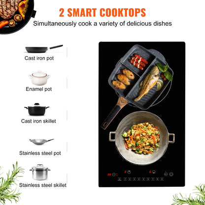 KFFKFF 12" Electric Cooktop, 1800W 2 Burners Ceramic Glass Stove Top Touch Control Built-in Magnetic Cooktop w/ 9 Heating Level Child Lock & Over-Temperature Protection