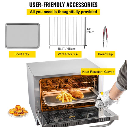 VEVOR Commercial Convection Oven,21L/19Qt,Quarter-Size Conventional Oven Countertop,1440W 3-Tier Toaster with Front Glass Door,Electric Baking Oven with Trays Wire Racks Clip Gloves