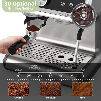 COZONY Espresso Machine 15 Bar, 2.5 L Water Tank, Semi Automatic Coffee Maker with Grinder, Milk Frother/Steam Wand, Italian Pump, All-in-One Espresso Machine, Stainless Steel, Silver