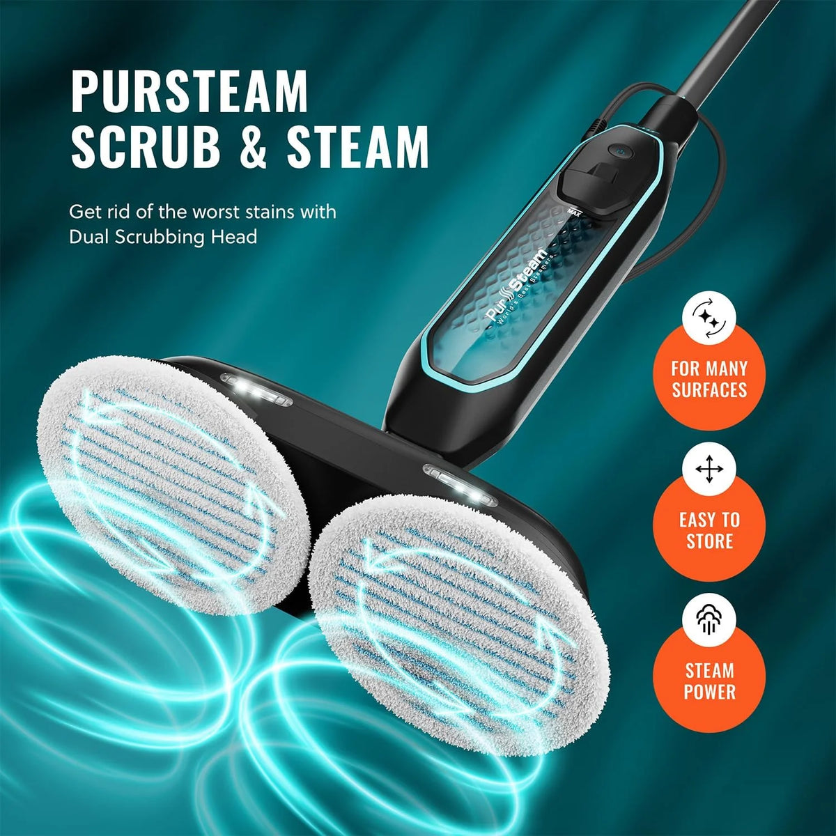 Pursteam ScrubMaster Steam Mop with Dual Scrubbing Head, LED Headlights, Adjustable Steam Control, Anti-Slip Swivel Head, Cable Holder & Upright Lock