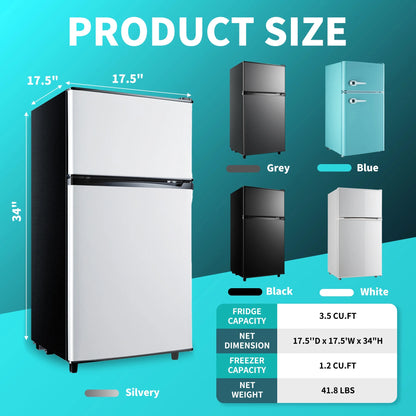 CALLIEVER Compact Mini Fridge with Freezer, 3.5 Cu.Ft 2-Door Refrigerator �C Ideal for Dorm, Office, Bedroom �C 7 Temp Settings, Adjustable Shelves,Silver