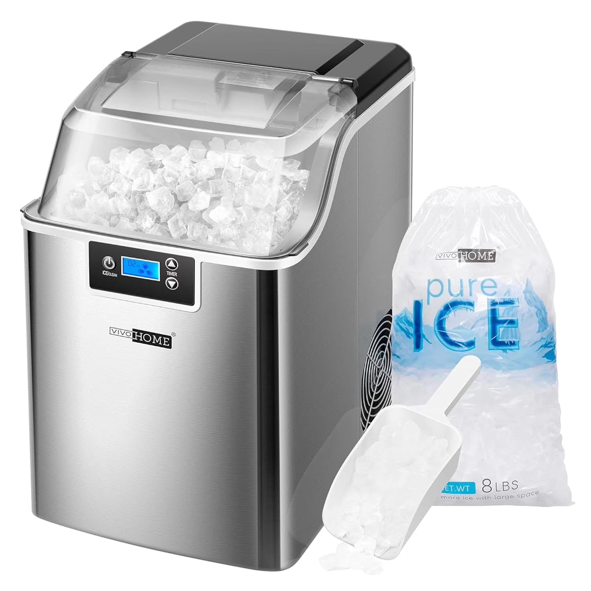 SPECSTAR Nugget Ice Maker Machine, Countertop Ice Maker with Hand Scoop 10 Ice Bags and Self Cleaning Function 44lbs/Day, Silver